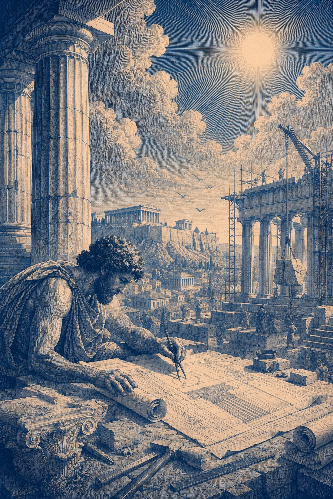 Architecte de l'Antiquité traçant les plans d'un édifice devant un chantier — illustration WebFactory