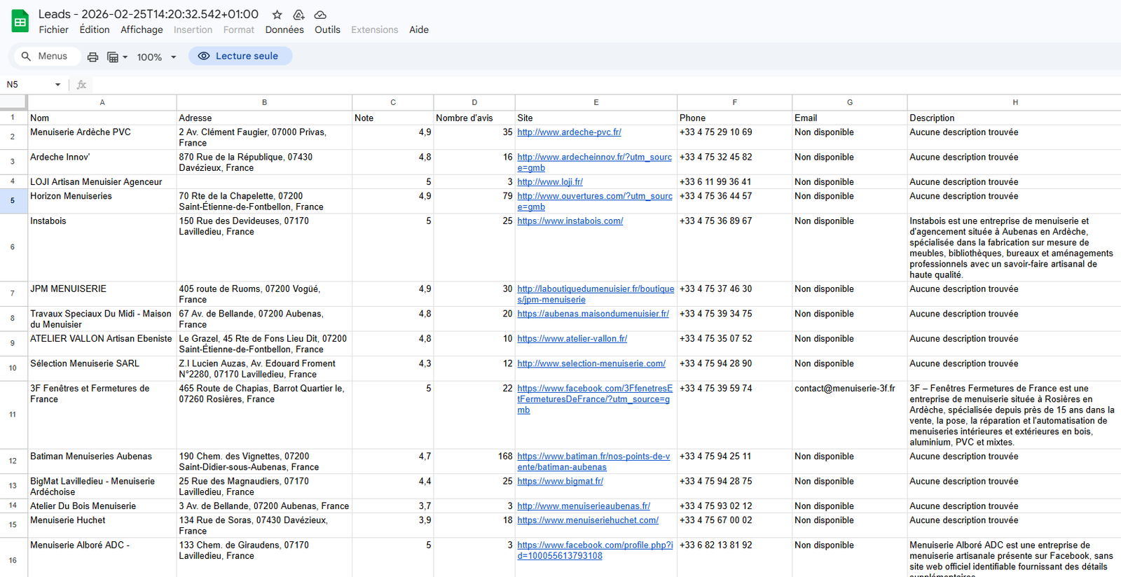 Exemple de liste de leads WebFactory